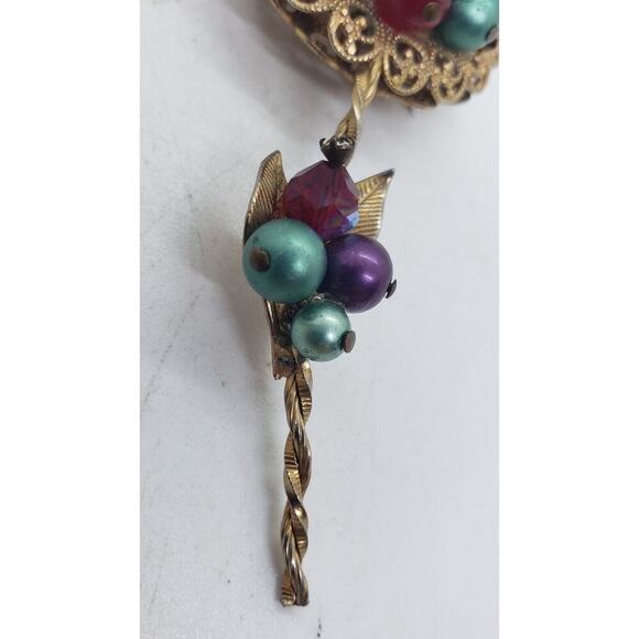 Vintage Ornate Flower Brooch Gold Filigree Beads Faux Pearl Rhinestone Haskell ? - Picture 3 of 11